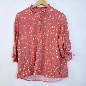 Multiples Linen Blend Top‎ Size PL Coral Multicolor Abstract Print Side Pockets